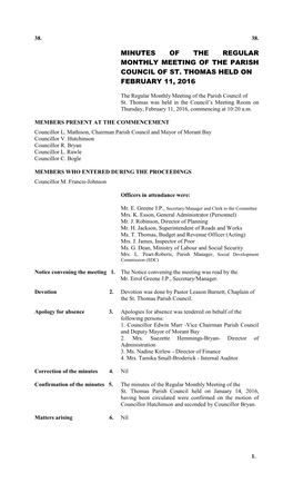 Minutes of the Regular Monthly Meeting of the Parish Council of St