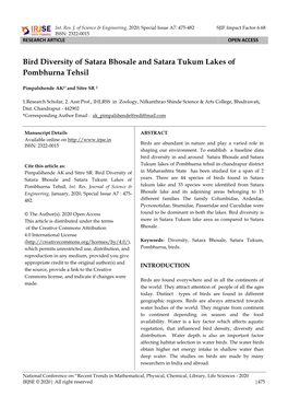 Bird Diversity of Satara Bhosale and Satara Tukum Lakes of Pombhurna Tehsil