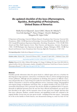 An Updated Checklist of the Bees of Pennsylvania, United States of America 1 Doi: 10.3897/Jhr.77.49622 CHECKLIST