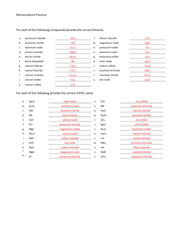 Nomenclature Practice for Each of the Following Compounds Provide The