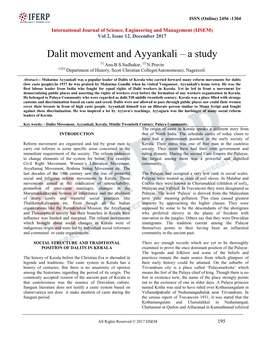 Dalit Movement and Ayyankali – a Study [1] Anu.B.S.Sudhakar, [2] N.Pravin [1][2] Department of History, Scott Christian College(Autonomous), Nagercoil