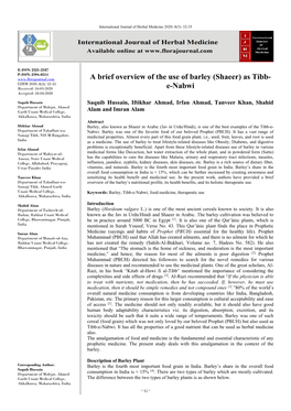 A Brief Overview of the Use of Barley (Shaeer) As Tibb- E-Nabwi