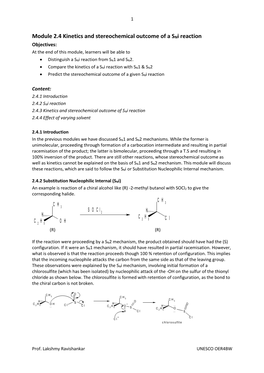 Module 2.4 Kinetics and Stereochemical Outcome of a Sni Reaction Objectives: at the End of This Module, Learners Will Be Able To