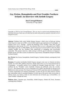 Gay Fiction, Homophobia and Post-Troubles Northern Ireland: an Interview with Jarlath Gregory