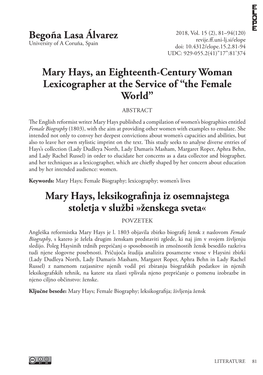 Begoña Lasa Álvarez Mary Hays, an Eighteenth-Century Woman