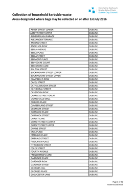 Collection of Household Kerbside Waste Areas Designated Where Bags May Be Collected on Or After 1St July 2016