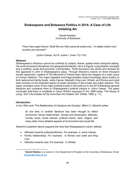 Shakespeare and Botswana Politics in 2014: a Case of Life Imitating Art
