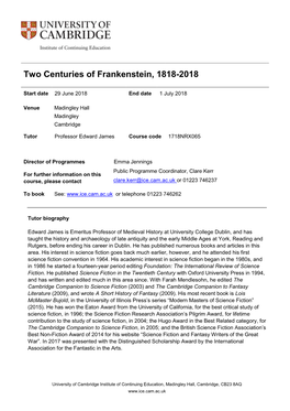 Two Centuries of Frankenstein, 1818-2018