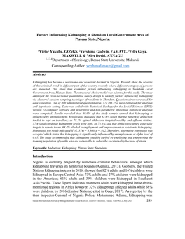 Factors Influencing Kidnapping in Shendam Local Government Area of Plateau State, Nigeria