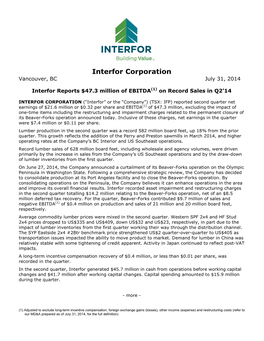 Interfor Reports $47.3 Million of EBITDA(1) on Record Sales in Q2'14