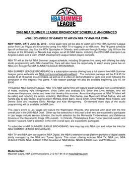 2010 Nba Summer League Broadcast Schedule Announced