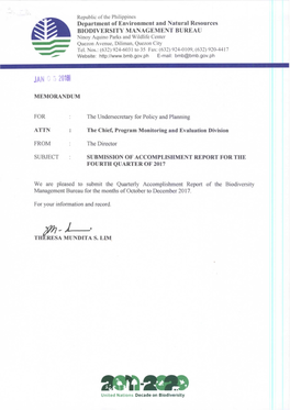 Q4 TOTAL Q1 Q2 Q3 Q4 TOTAL A.03 OPERATIONS MFO 1: ECOSYSTEMS POLICY SERVICES A.03.A FORMULATION and MONITORING of ENR SECTOR, POLICIES, PLANS, PROGRAMS and PROJECTS