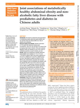 Joint Associations of Metabolically Healthy Abdominal Obesity and Non-­ Alcoholic Fatty Liver Disease with Prediabetes and Diabetes in Chinese Adults