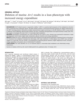 Deletion of Murine Arv1 Results in a Lean Phenotype with Increased Energy Expenditure