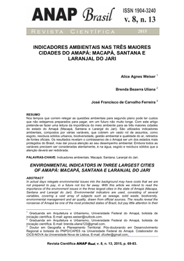 Indicadores Ambientais Nas Três Maiores Cidades Do Amapá: Macapá, Santana E Laranjal Do Jari