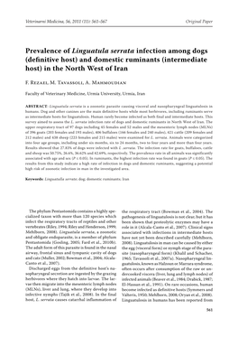 Prevalence of Linguatula Serrata Infection Among Dogs (Definitive Host) and Domestic Ruminants (Intermediate Host) in the North West of Iran