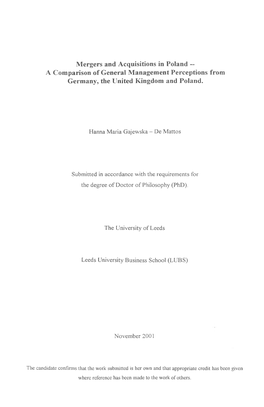 Mergers and Acquisitions in Poland -- a Comparison of General Management Perceptions from Germany, the United Kingdom and Poland