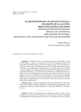 El Quijotismo De Unamuno En Italia: Filosofía De La Acción, Irracionalismo, Fascismo