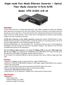 Single-Mode Fast Media Ethernet Converter + Optical Fiber Media Converter 8 Ports RJ45 Model: HTB-3100S-A/B X8