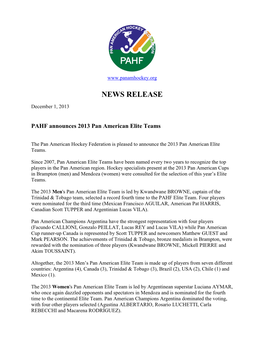 PAHF Announces 2013 Pan American Elite Teams