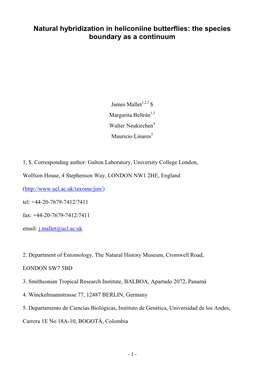 Natural Hybridization in Heliconiine Butterflies: the Species Boundary As a Continuum