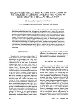 Aquatic Vegetation and Their Natural Hospitability to the Immatures of Mansonia Mosquitos, the Vectors of Brugia Malayi in Shertallai, Kerala, India