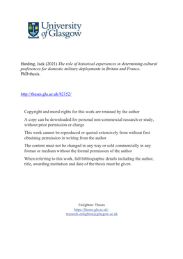 Harding, Jack (2021) the Role of Historical Experiences in Determining Cultural Preferences for Domestic Military Deployments in Britain and France