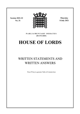 House of Lords Written Answers and Statements