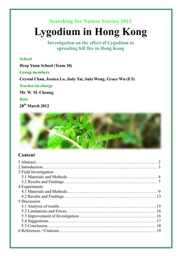 Lygodium in Hong Kong Investigation on the Effect of Lygodium in Spreading Hill Fire in Hong Kong