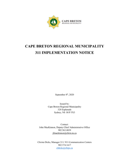 Cape Breton Regional Municipality 311 Implementation Notice