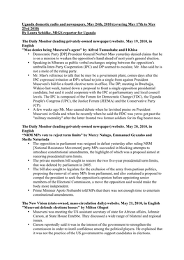 Uganda Domestic Radio and Newspapers, May 24Th, 2010 (Covering May 17Th to May 23Rd 2010) by Laura Schülke, MIGS Reporter for Uganda