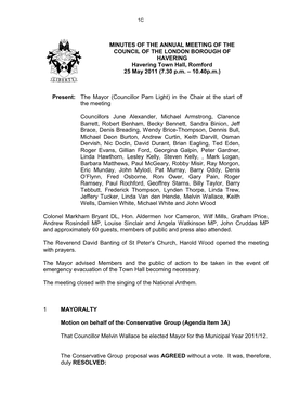 MINUTES of the ANNUAL MEETING of the COUNCIL of the LONDON BOROUGH of HAVERING Havering Town Hall, Romford 25 May 2011 (7.30 P.M