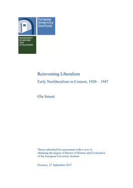 Reinventing Liberalism Early Neoliberalism in Context, 1920 – 1947