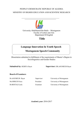 Language Innovation in Youth Speech Mostaganem Speech Community