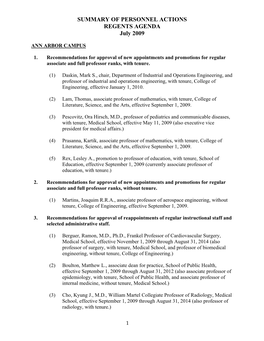 SUMMARY of PERSONNEL ACTIONS REGENTS AGENDA July 2009