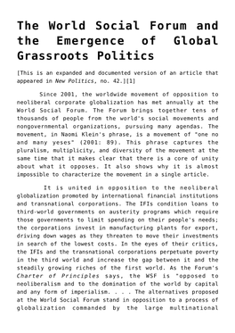 The World Social Forum and the Emergence of Global Grassroots Politics
