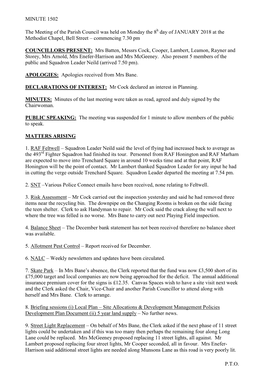 MINUTE 1502 P.T.O. the Meeting of the Parish Council Was Held on Monday the 8H Day of JANUARY 2018 at the Methodist Chapel, Bell