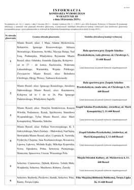 INFORMACJA KOMISARZA WYBORCZEGO W OLSZTYNIE III Z Dnia 18 Kwietnia 2019 R