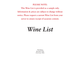 Wine List Is Provided As a Sample Only