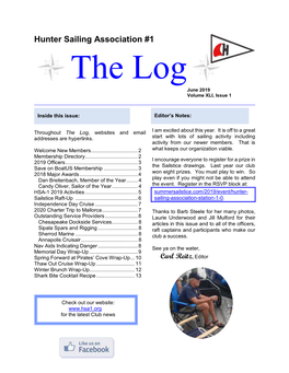Hunter Sailing Association #1 the Log June 2019 Volume XLI, Issue 1