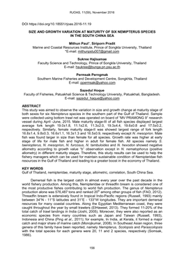 Size and Growth Variation at Maturity of Six Nemipterus Species in the South China Sea