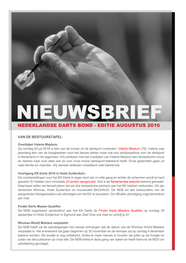 Nieuwsbrief Nederlandse Darts Bond - Editie Augustus 2016