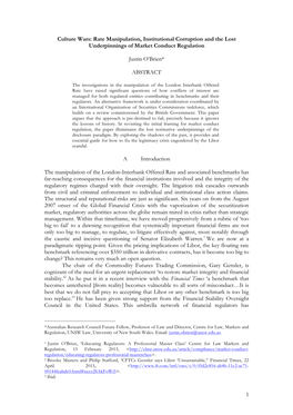 1 Culture Wars: Rate Manipulation, Institutional Corruption and the Lost Underpinnings of Market Conduct Regulation Justin