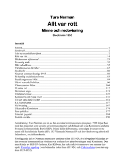 Ture Nerman Allt Var Rött Minne Och Redovisning Stockholm 1950