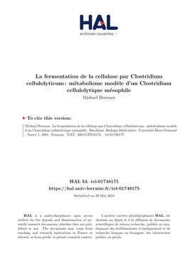 La Fermentation De La Cellulose Par Clostridium Cellulolyticum : Métabolisme Modèle D’Un Clostridium Cellulolytique Mésophile Mickael Desvaux