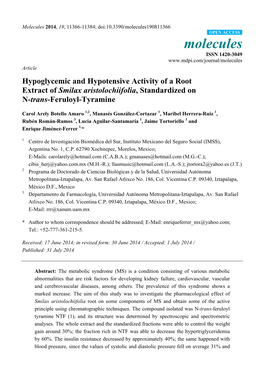 Hypoglycemic and Hypotensive Activity of a Root Extract of Smilax Aristolochiifolia, Standardized on N-Trans-Feruloyl-Tyramine