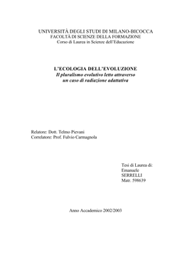 L'ecologia DELL'evoluzione Il Pluralismo Evolutivo Letto Attraverso