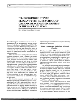 Commode Et Plus Elegant": the Paris School of Organic Reaction Mechanisms in the 1920'S and 1930'S