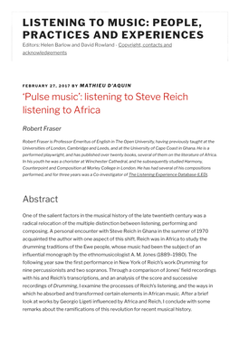 LISTENING to MUSIC: PEOPLE, PRACTICES and EXPERIENCES Editors: Helen Barlow and David Rowland - Copyright, Contacts and Acknowledgements