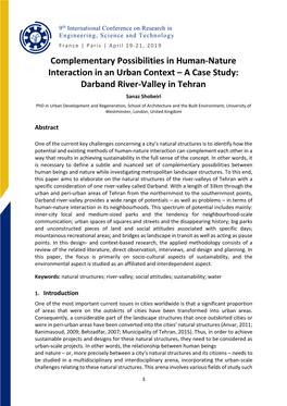 Complementary Possibilities in Human-Nature Interaction in an Urban Context – a Case Study: Darband River-Valley in Tehran